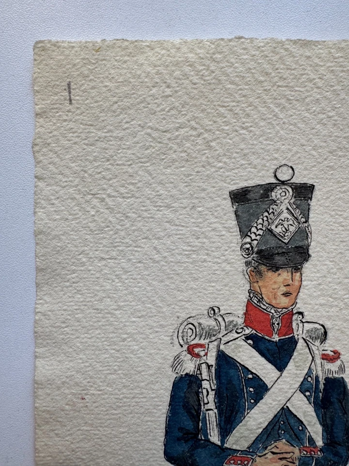 Antique 19th C French Gouache Painting on Paper Napoleonic Military Uniform 5x9 - Image 2 of 4