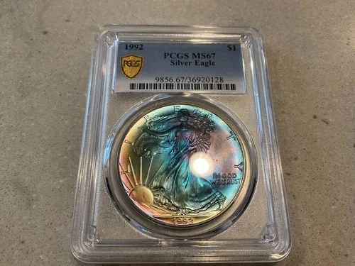 1992 PCGS MS67 American Silver Eagle Dollar $1 Toned! Double Sided