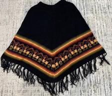 Handcrafted Peruvian 100 Baby Alpaca Poncho Black Fringe Tribal Design