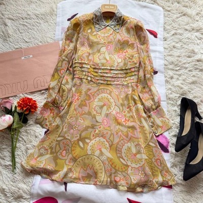 Miu Miu Print Dress Jeweled Collar Chiffon Flare Knee Length Women's Size 36