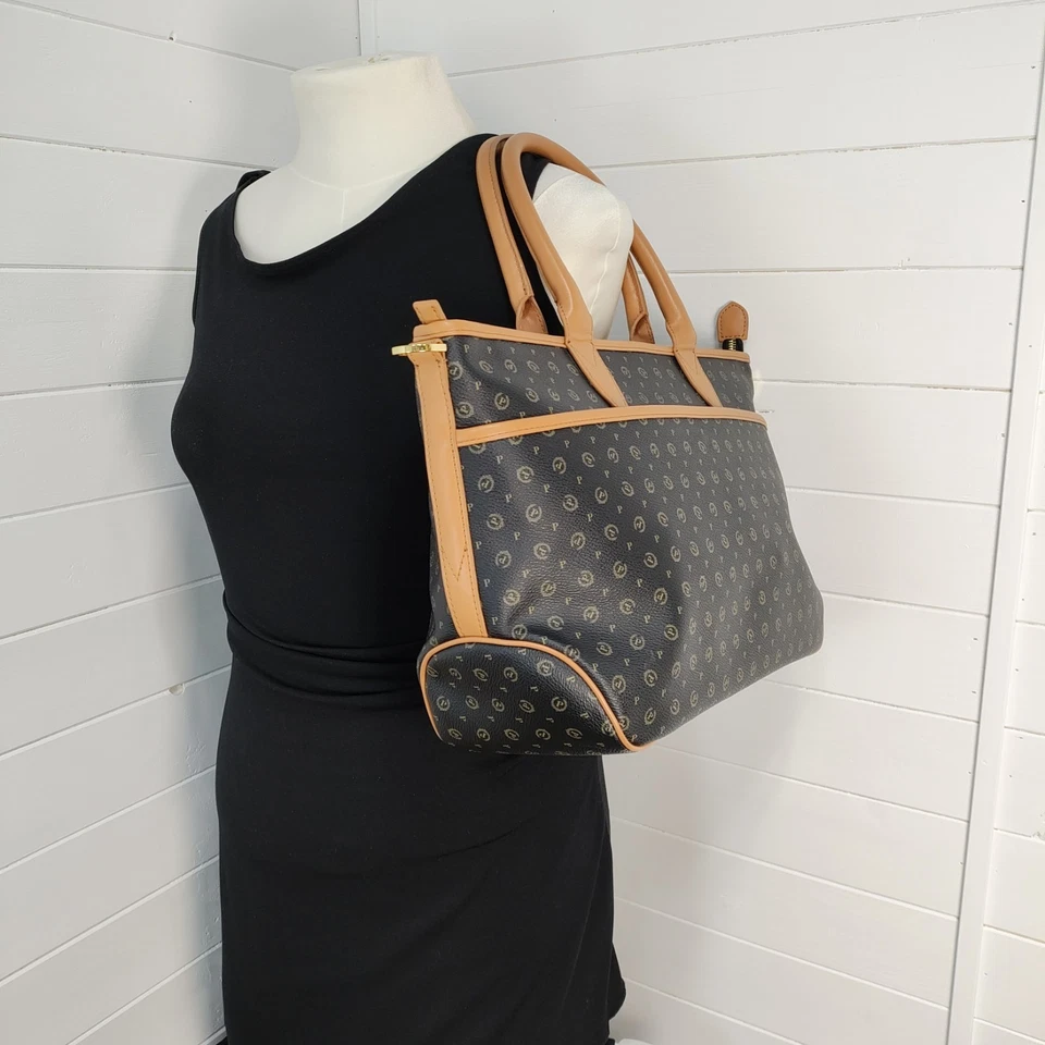 Bolso de Mano Pollini Italia Monograma Negro Tostado Cuero Borde Bolso Estructurado -Correa Foto 2 de 4