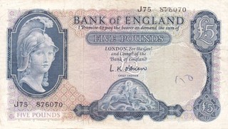 #Bank of England 5 Pounds 1957 P 371 VF Britannia