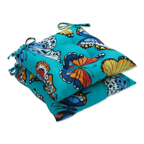 Outdoor/Indoor Butterfly Garden Turquoise Tufted Seat Cushions (Square Back),...
