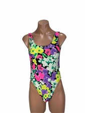 Vintage 80s Floral Neon High Cut One Piece Swimsuit Ruched sz Medium Made In USA