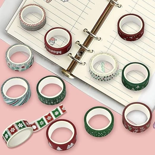 12 Rolls Christmas Washi Tape Silver Foil Merry Christmas Craft Set - Image 3 of 4