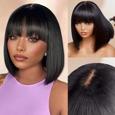 Short Bob Human Hair Wigs with Bangs 2x1 Lace Front Wigs Brazilian Straight Hair