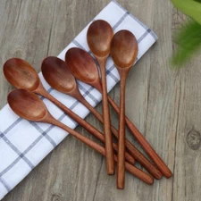 12PC Wood Spoons Soup Eco Friendly Japanese Tableware Natural Ellipse Wooden ##
