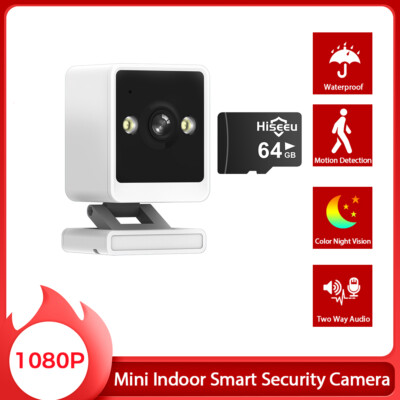 Hiseeu Mini Indoor 1080p Wi-Fi Smart Security Camera with 64GB SD Card Audio