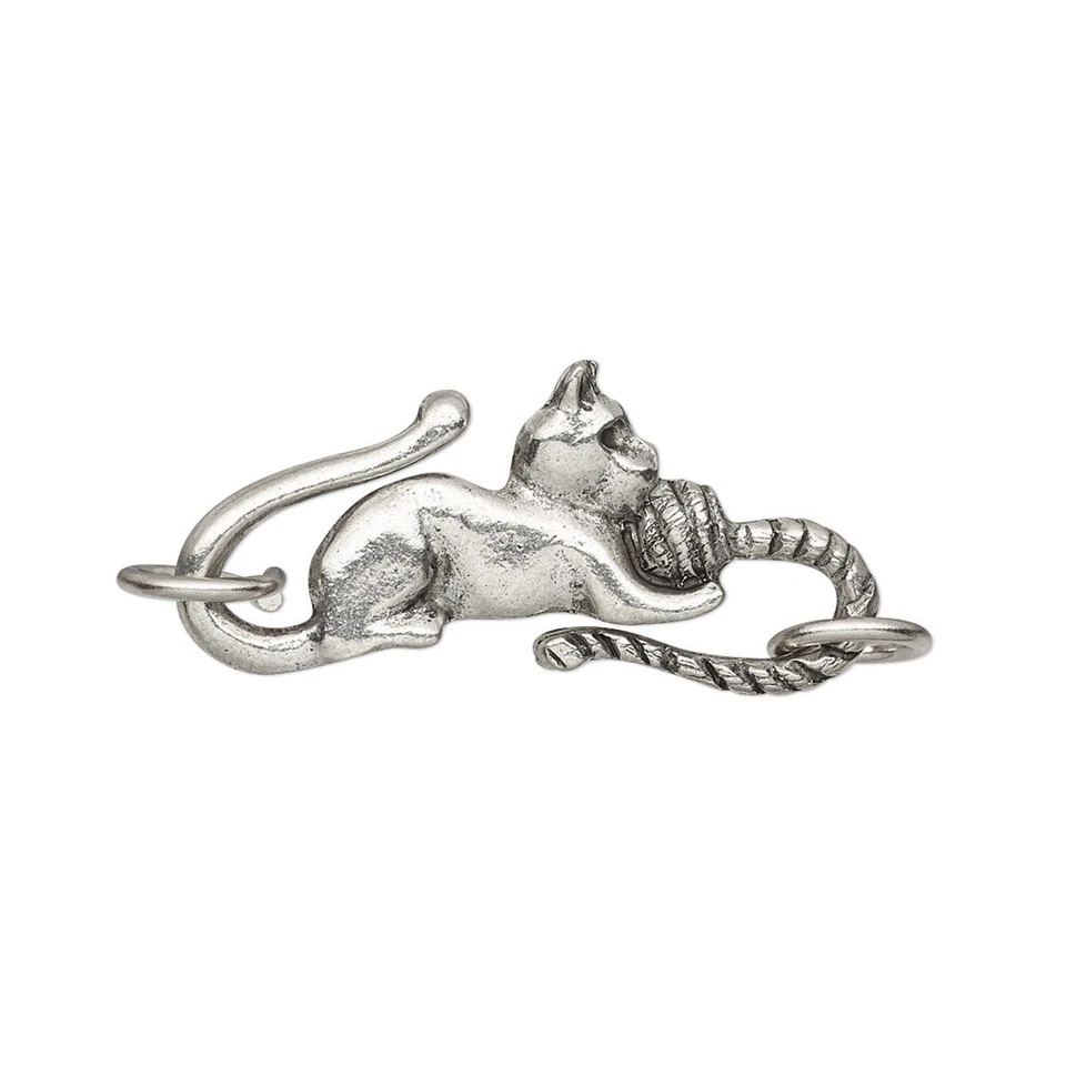 2 Sets Antiqued Pewter 29x13mm Cat with Yarn S Hook Clasps with 2 Rings - Image 2 of 2