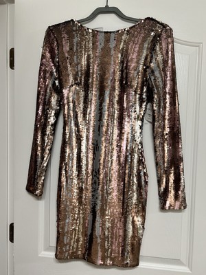 NWT Dress the Population Fran Body Con Sequin Party Dress Brown Gray Pink S $238