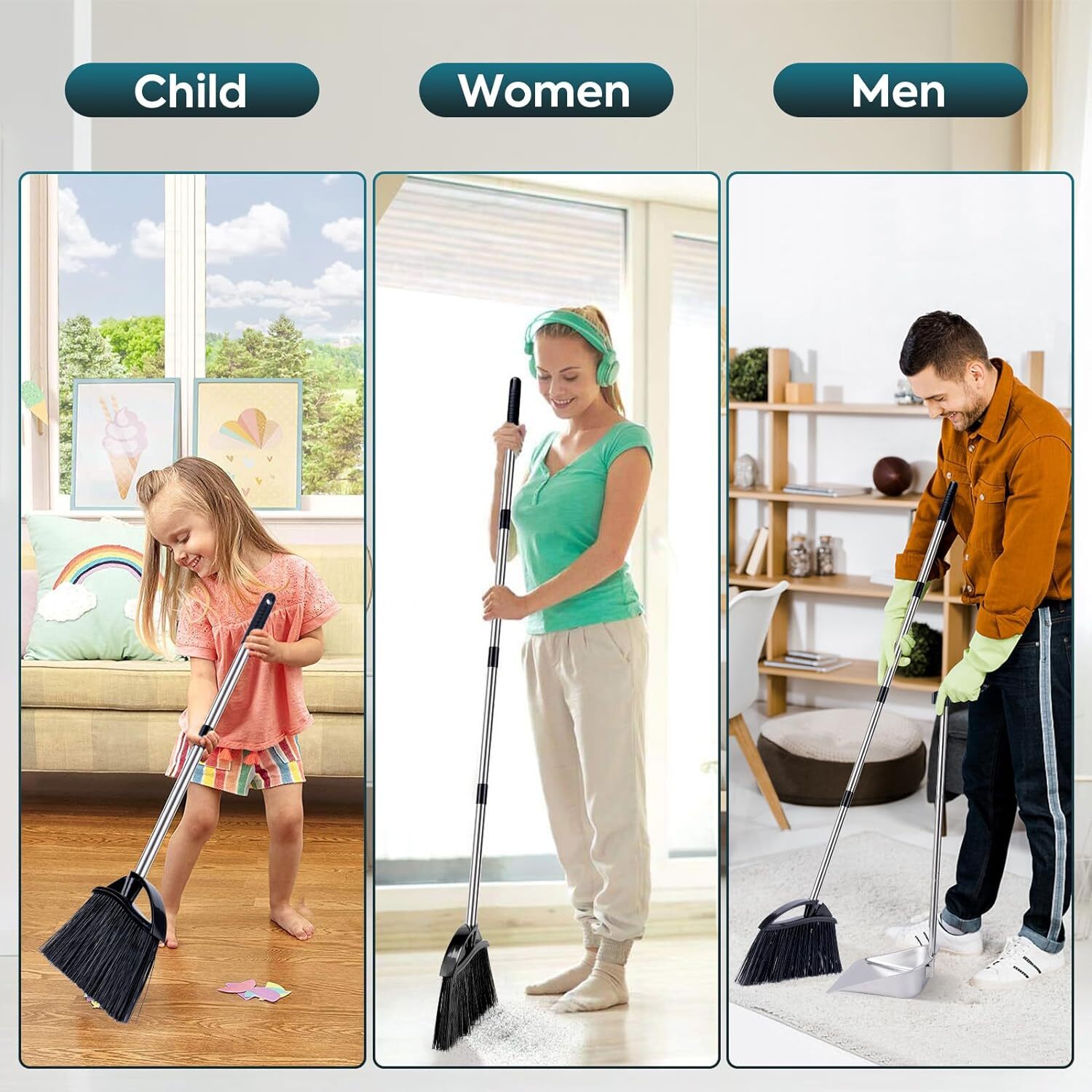 Dust Pans with Long Handle - 35”Heavy Duty Metal Upright Stand up Dustpan - Long