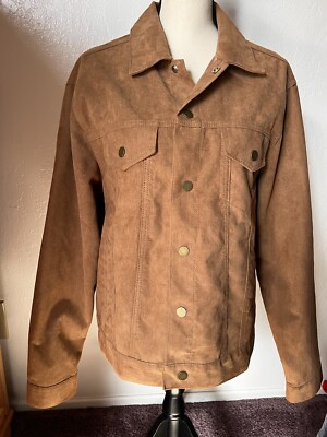 MNML Jacket Mens L Tan Suede Utility Oversized Snap Button Front Pockets