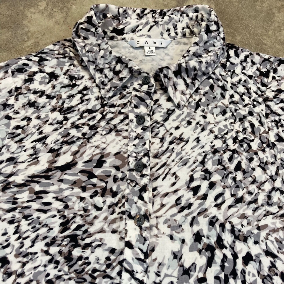 CAbi Shirt Dress Womens Large Collared Jersey White Gray Black Print Office - Image 2 of 4