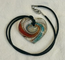 MURANO-Style Swirled Art Glass Heart Pendant on 18” Black Cord Necklace