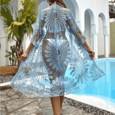 Rebellion Again Blue  White Lace Cover Up Kimono in Floral Medallion Pattern