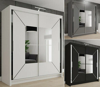 MN FURNITURE Modern Bedroom Double Sliding Door Wardrobe with LED LIGHT 3 COLOURS 4 SIZES