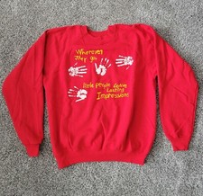 Hanes Vintage Little People Sweater Adult XL Crewneck Made In USA Hand Print Red