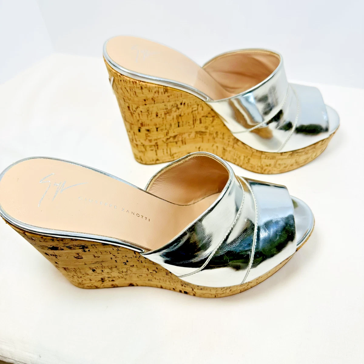 GIUSEPPE ZANOTTI Metallic Silver Leather Roz Cork Wedge Platform Sandals SZ 8.5M