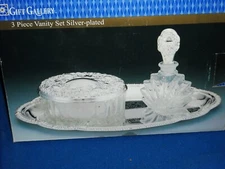 Vintage Vanity Tray Powder Box & Perfume Bottle Set Silver Plated 3 Pc Set NIOB