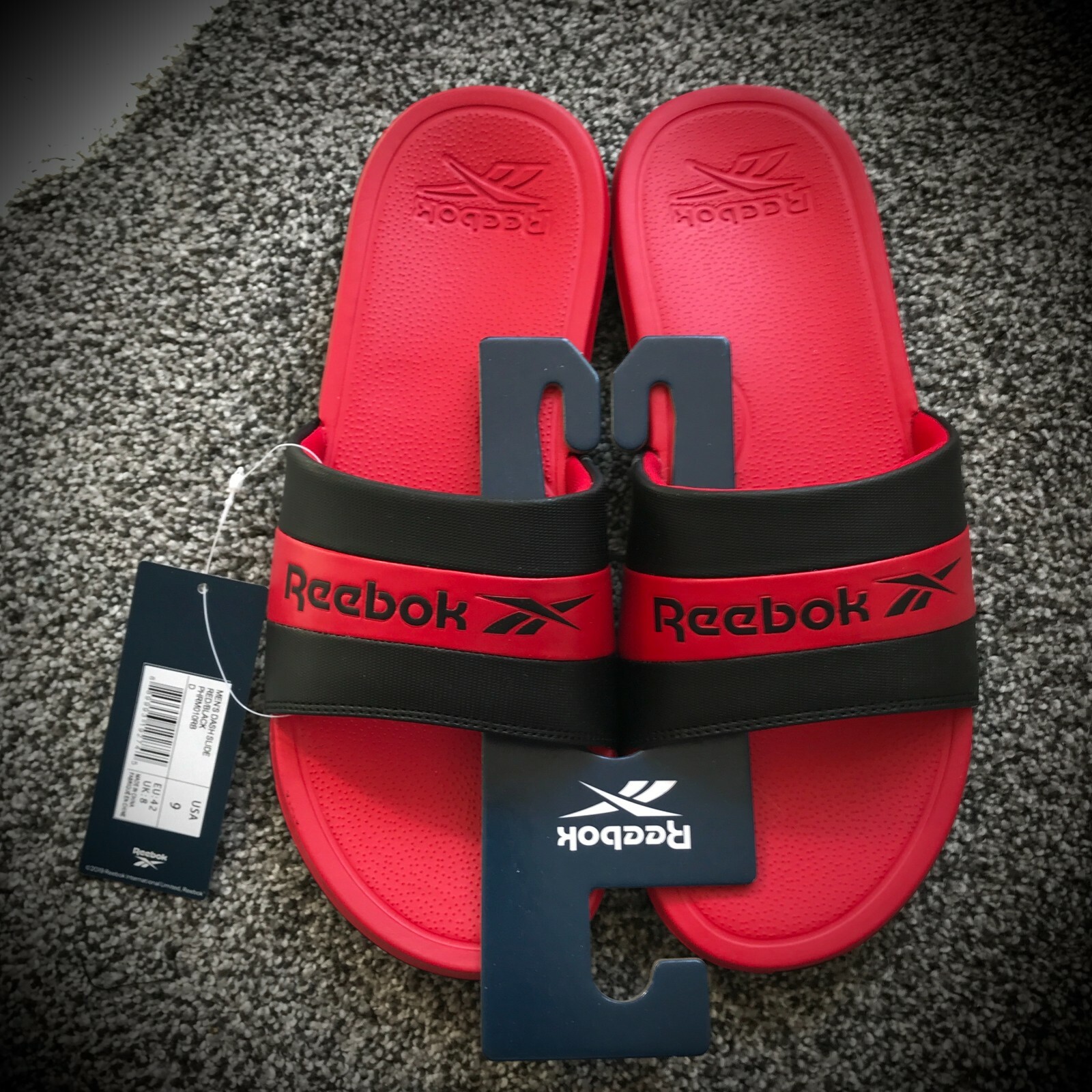 Men Size 12 REEBOK SLIDES Athletic Sandals Flip Flop RED BLACK spellout  logo NEW | eBay