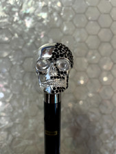 Italian Luxury 925 silver skull head with black crystals walking cane 36-inch 