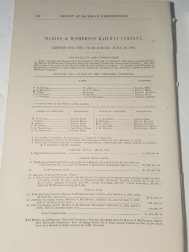 1883 Kansas railroad train report Marion & McPherson Railway Ellinwood Florence