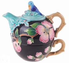Dogwood Tea For One Ceramic TEAPOT Blue Sky Clayworks 3 Pcs