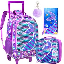 AGSDON 3PCS Rolling Backpack for Girls, Kids Roller Wheels Bookbag, Wheeled Scho