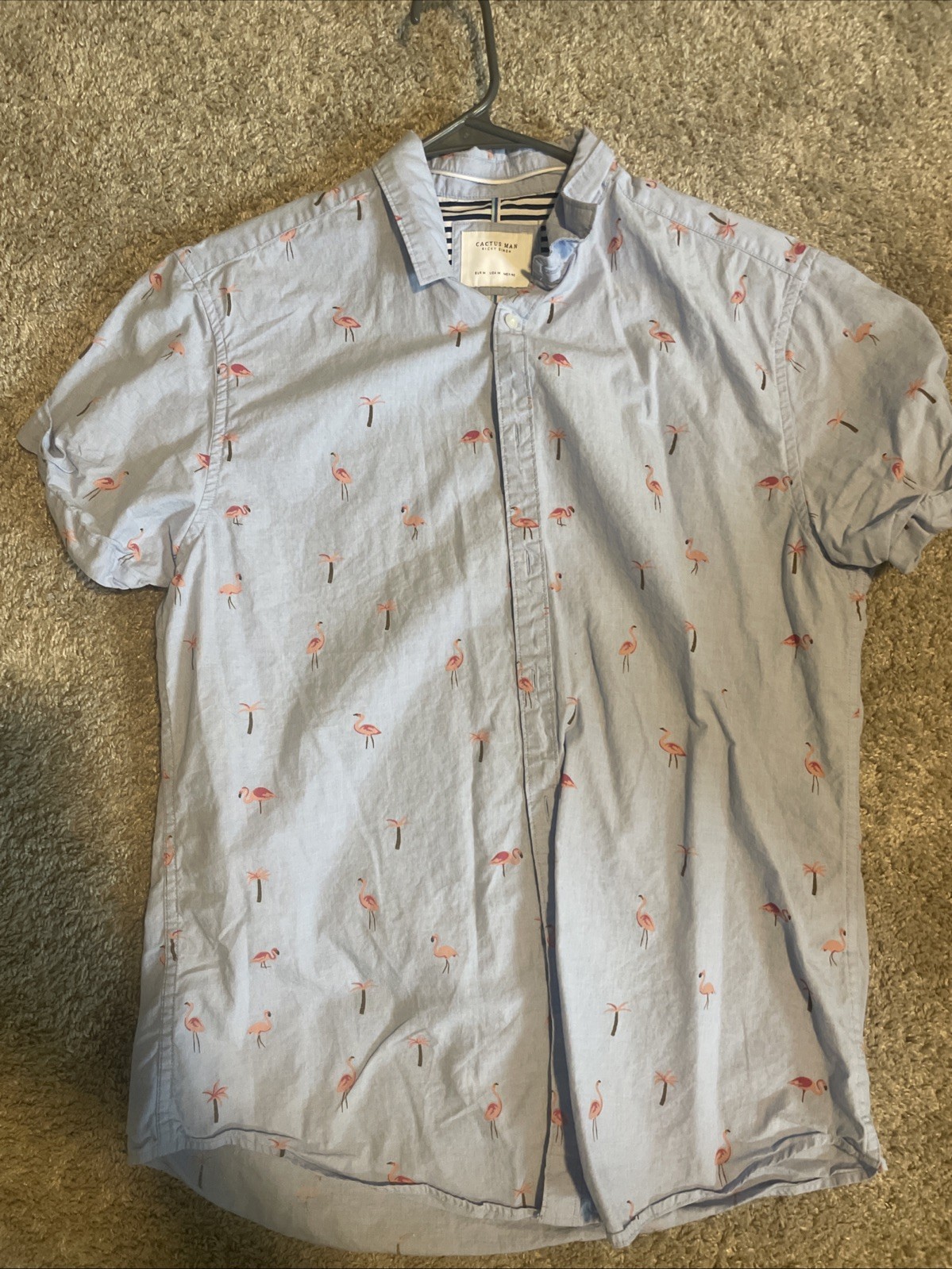 Cactus Man Ricky Singh Button Front Shirt Blue w/ Pink Flamingo Print Medium