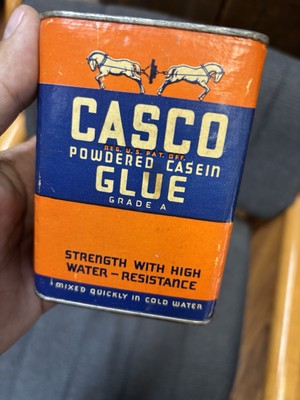 Vintage CASCO Powdered Casein Glue Tin Orange Blue 8 oz