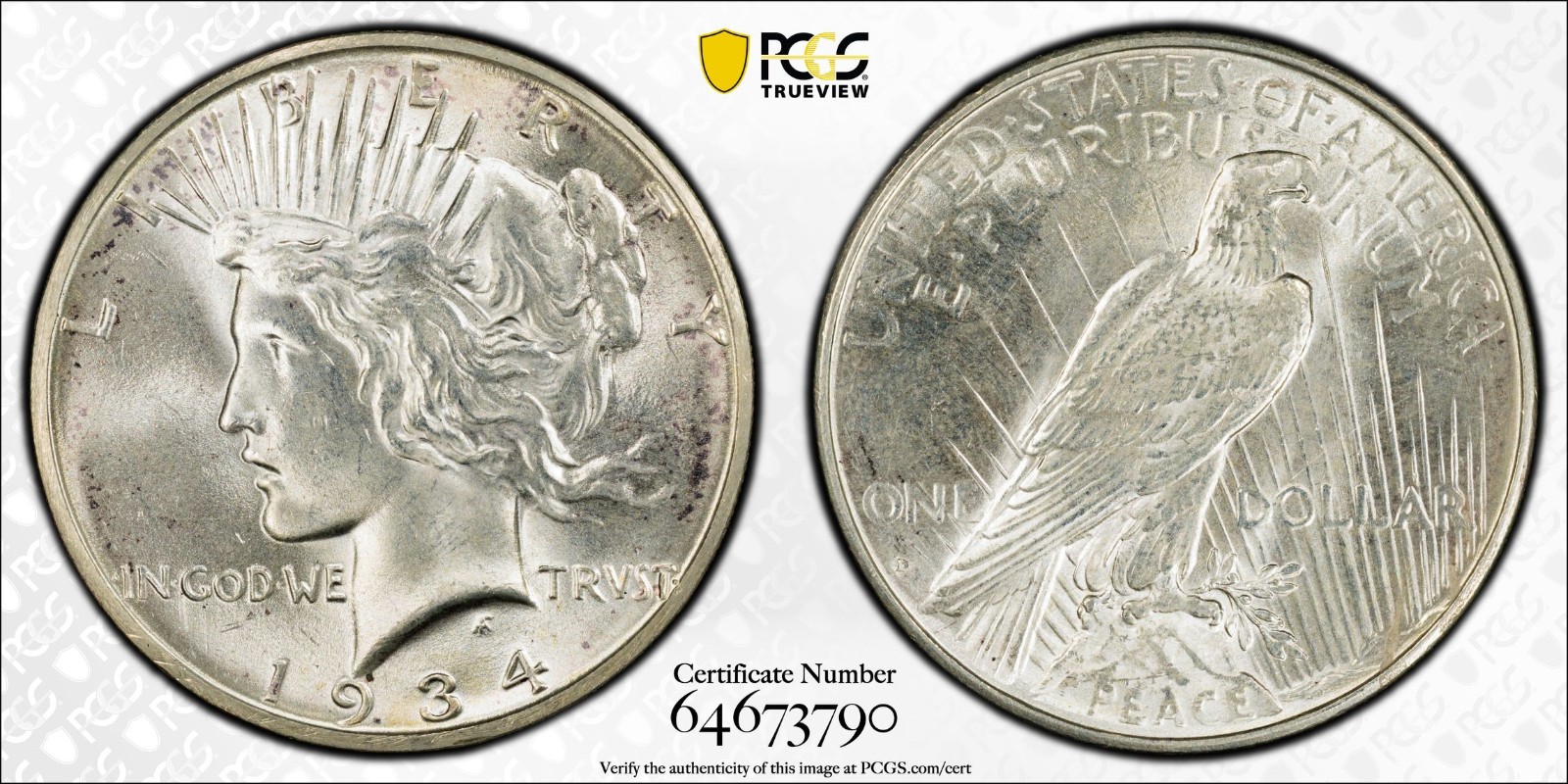 1934-D Peace Silver Dollar $1 PCGS MINT STATE 63 MS 63 Type 2, Low Relief