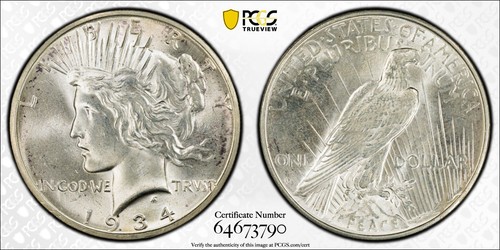 1934-D Peace Silver Dollar $1 PCGS MINT STATE 63 MS 63 Type 2, Low Relief