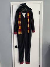 Harry Potter Hooded Fleece Union Suit Size M 8-10 Black-Hooded Scarf Zip Up