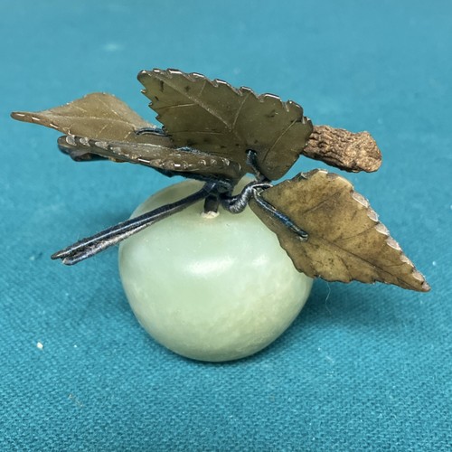 Jade Carved Apple Figurine with Metal Leaves Decorative Collectible ~3 Inch