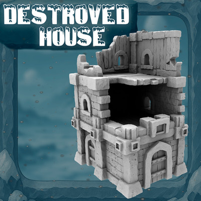 D&D, Wargaming Mittelalterliche Architektur - Stadt - Zerstörtes Haus 28mm oder 32mm Maßstab