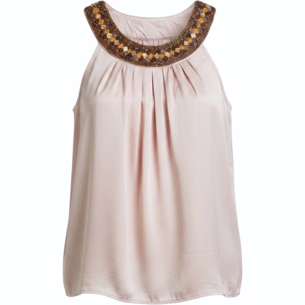 Dressbarn Goddess Beaded Satin Cami Neck Romantic Coquette Mauve Top Womens M
