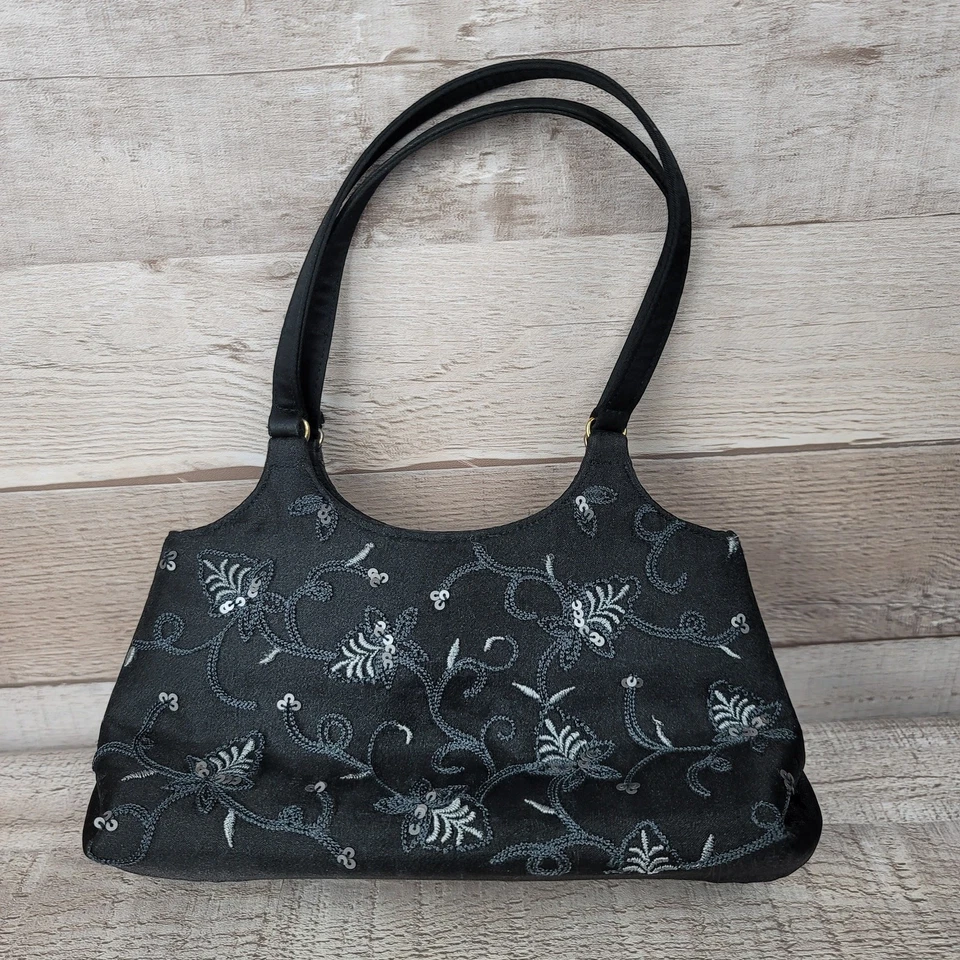 Little Black Purse Embroidered Floral Party Cocktail Crossover Valerie Stevens - Image 2 of 4