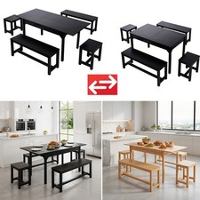 5pc Dining Room Set Wooden Expandable Dining Table for 4-6, 2 Stools + 2 Benches
