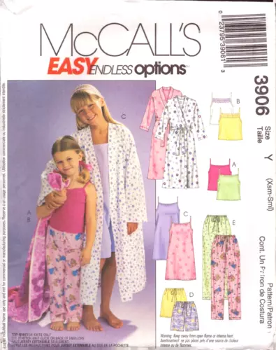 McCall's 3906 ~ Children's/Girl's Robe,Belt,Tops,Gown,Shorts,Pants ~ Sizes: XS-S