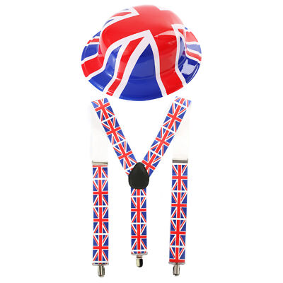 UNION JACK PLASTIC BOWLER HAT BRACES SET FANCY DRESS OLYMPICS VE - Main Image