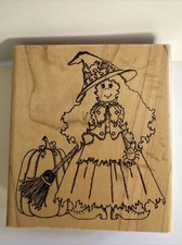 Broom Hilda Witch Happy halloween Rubber Stamp Cat Whimsical Jack O Lantern Hat