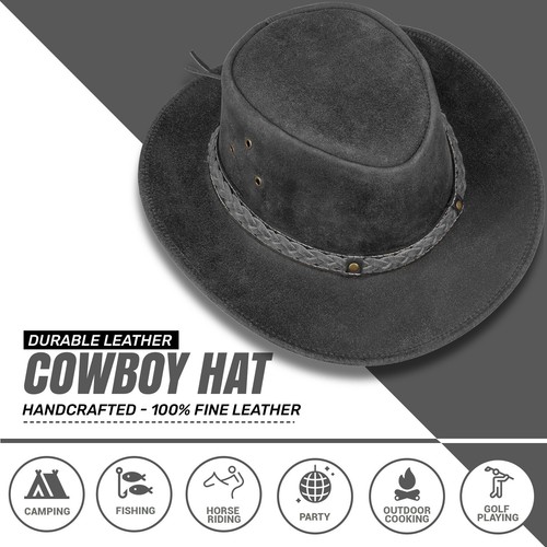 Western Cowboy Hat Men Real Leather Australian Style Tan Crazy Horse Bush Hats - Picture 72 of 95