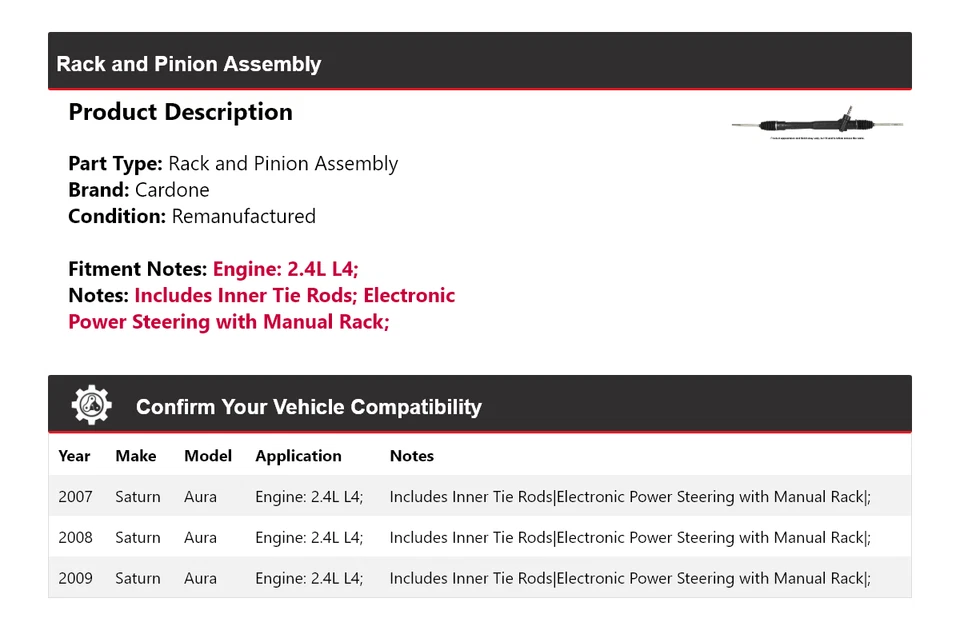 Conjunto de piñón y cremallera Cardone 2008 Saturn Aura 2,4 L L4 2007-2009 Foto 2 de 4