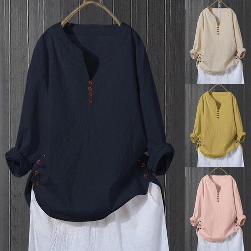 Plus Size Womens Cotton Linen Tunic Tops Ladies Casual Baggy T-Shirt Blouse Tee