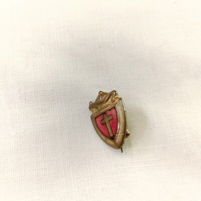 #ad Brass Christian Cross on Red Shield Vintage Brooch Pin $22.50
