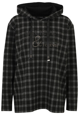 DORIS STREICH Shirt-Pulli mit Hoody in KARO Jacquard 46 schwarz-weiss-  NEU
