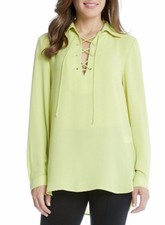 Karen Kane 4L25333 Lime Lace Up Collar Hi-Lo Hem Silky Tunic Blouse Top - $98