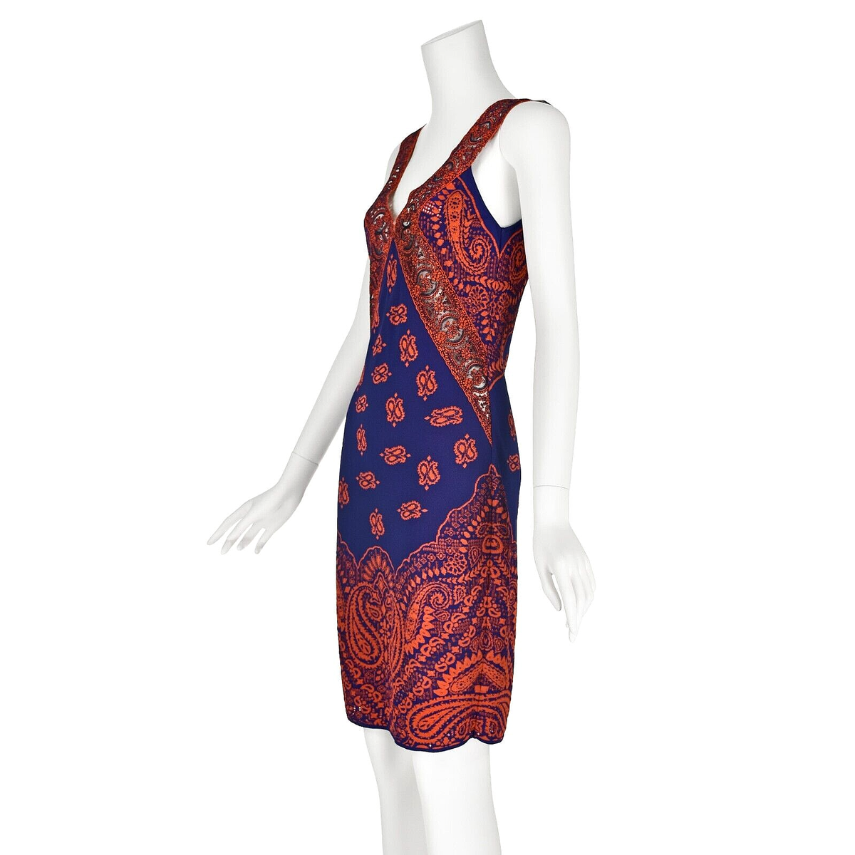 ROBERTO CAVALLI★素敵!PAISLEY LLIC LONG SLEEVE DRESS ROBERTO CAVALLI Blue & Orange Sleeveless V-Neck Paisley Knit