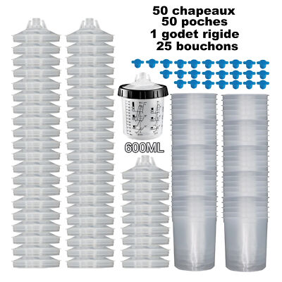 Kit De 20 Godets Jetables 600ml Pour Pistolet à Peinture - Avec Couvercles, Bouchons, 2 Adaptateurs (16mm)