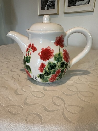 Vintage Judy Buswell Rare Red Geraniums Teapot Floral Signed
